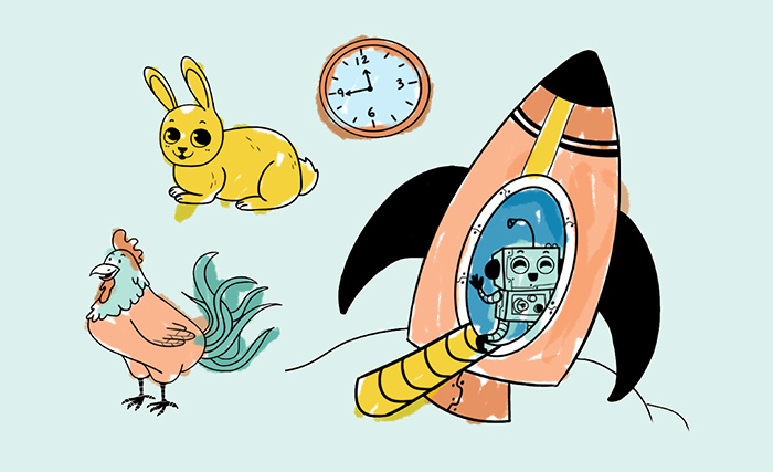 An image of a Robot going into a rocket, and then a rabbit, rooster and clock next to the rocket. Getting your child to choose things that start with same sound as "rocket" can help build their phonemic awareness