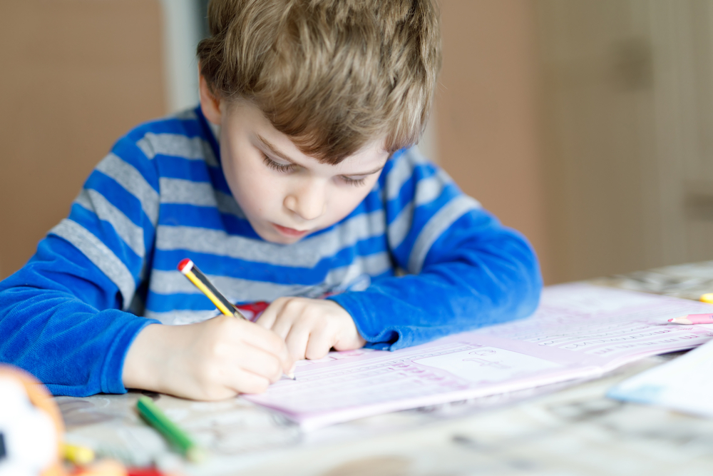 Portrait of cute happy school kid boy at home doing homework.