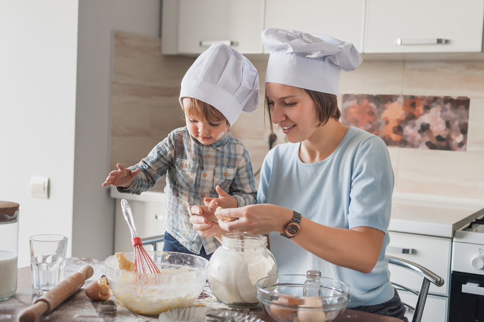 Mom baking with her son
