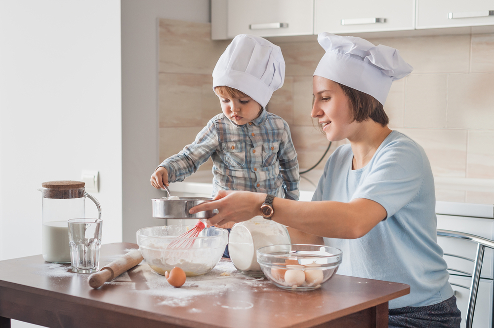 Mom cooking with son