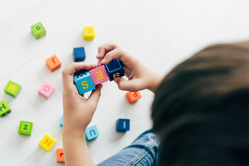 Block play for learning rhyming words for kids
