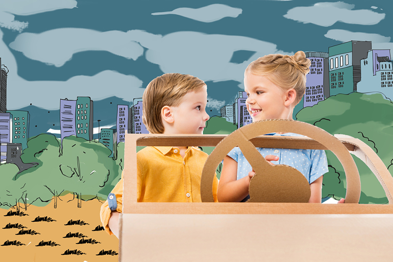 kids’ imagination playing with cardboard